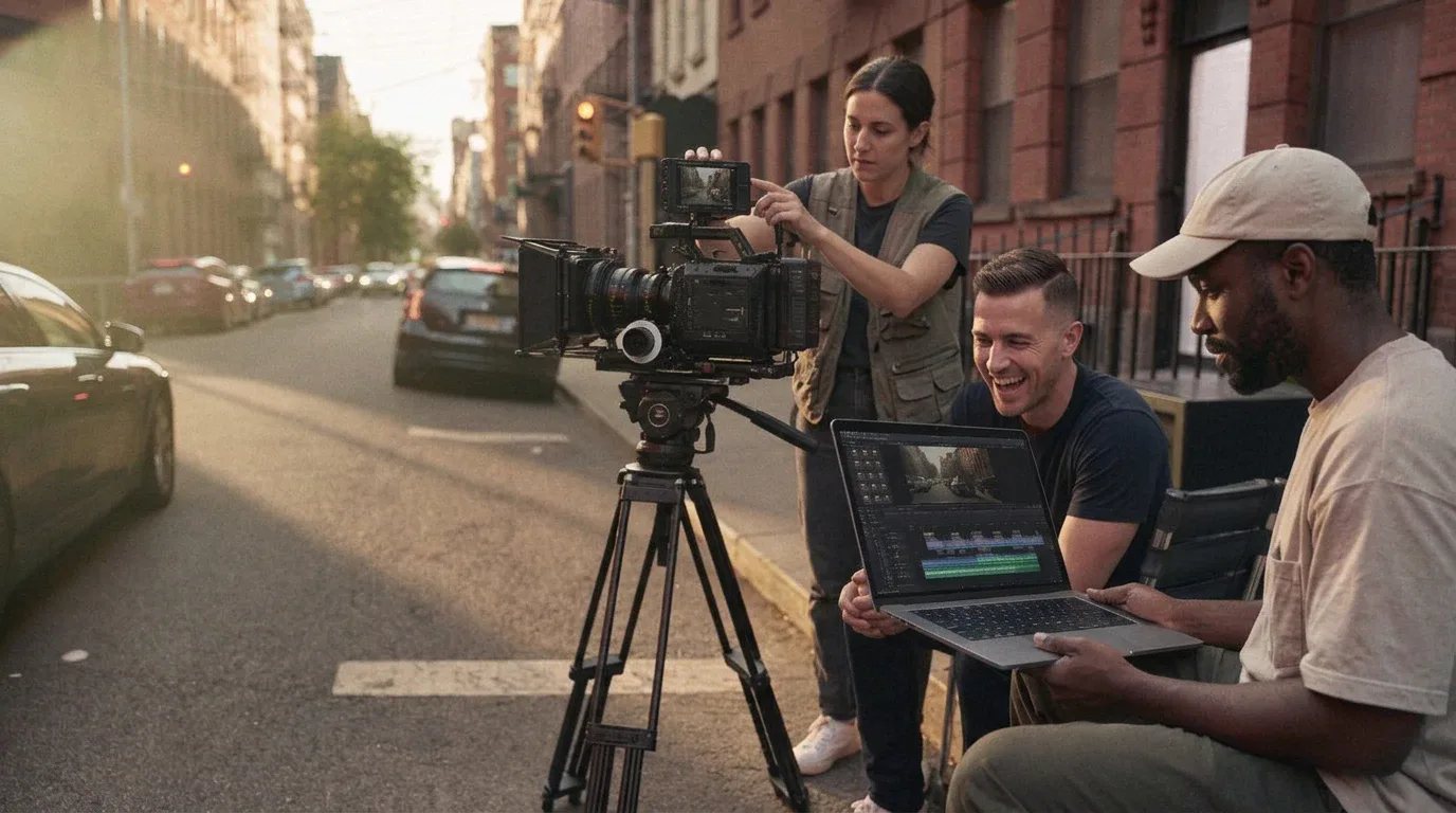 A film crew reviewing footage on a laptop on a city street